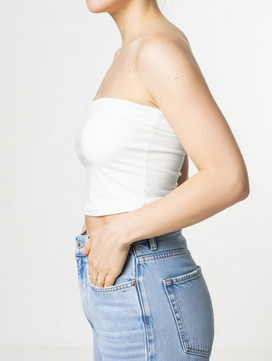 SimpleeMee White Tube Top College Casual Wear made with stretchable poly-spandex
